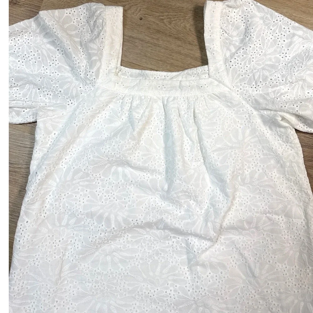 LOFT White Eyelet PuffSleeve Blouse Women Small 100%Cotton Coastal‎ Chic Preppy